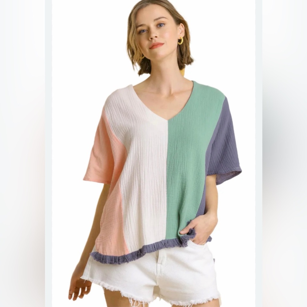 UMGEE Colorblock Gauze V Neck Fray Hem Top - XL